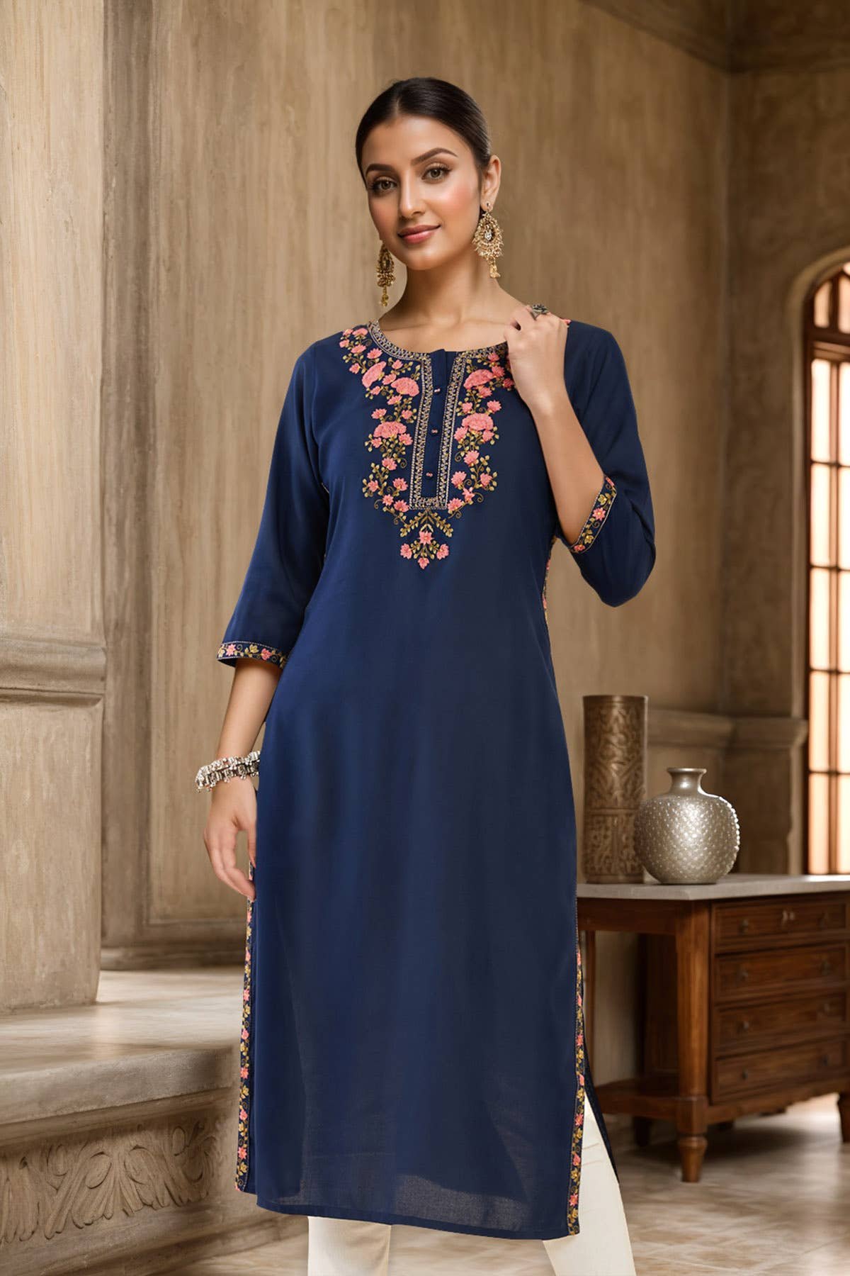 Navy Blue Floral Embroidered Rayon Kurta — image 1