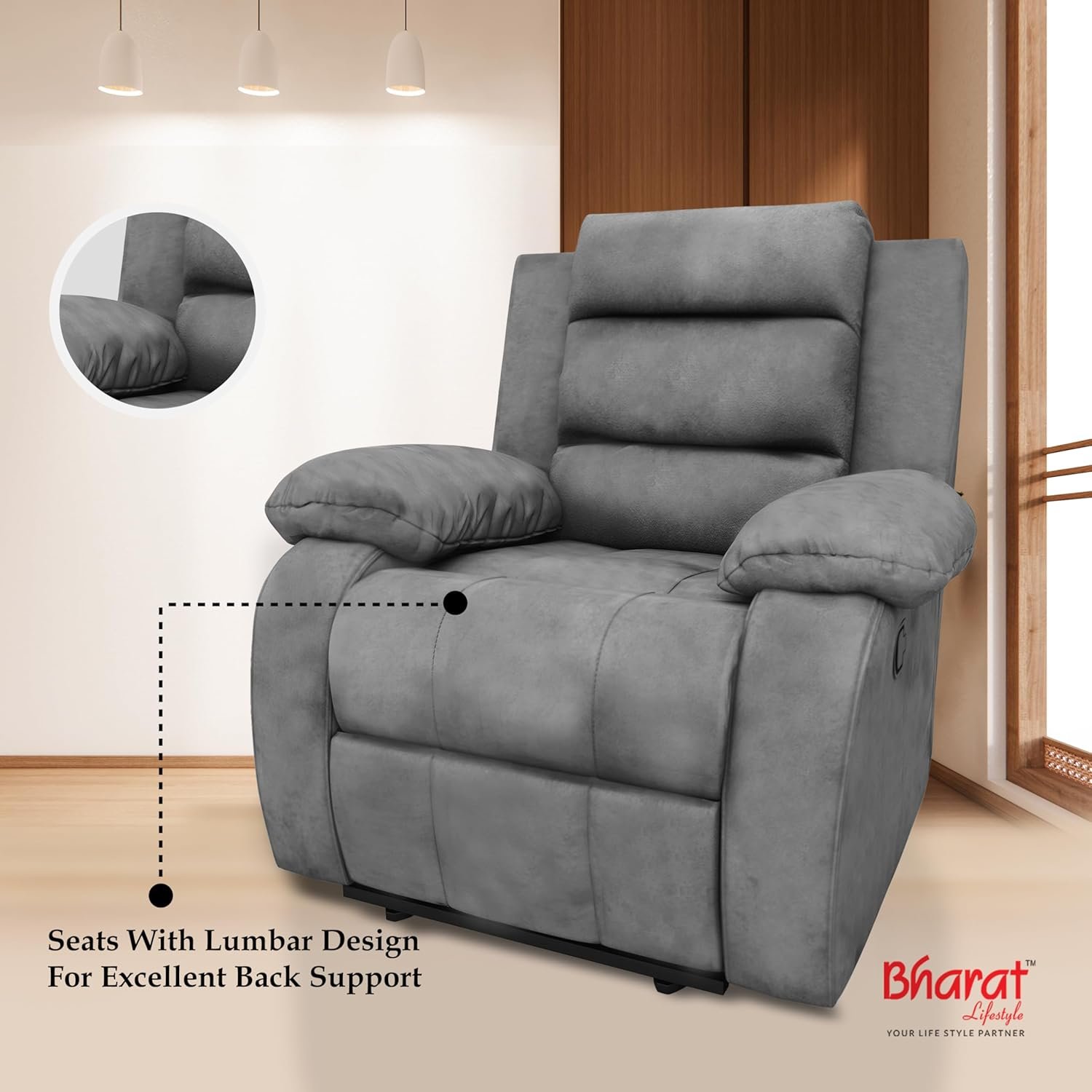 Bharat Lifestyle Austin Manual Recliner | 1 Seater Chair Sofa | Single Sofa Recliner| 3 Comfort Position | Wooden Frame | Suede Fabric | 1 Seater Recliner for Living Room Bedroom,1 Year Warranty, Grey — image 4