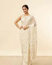 Ivory Cream Bel Buti Patterned Mirror and Stone Work Saree — image 6
