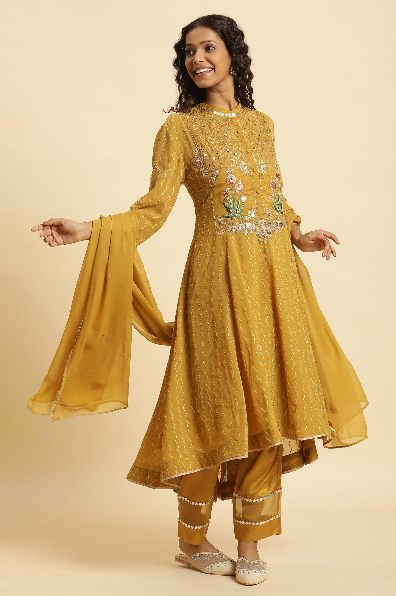 Yellow Embroidered Kurta, Pants And Dupatta Set — image 9