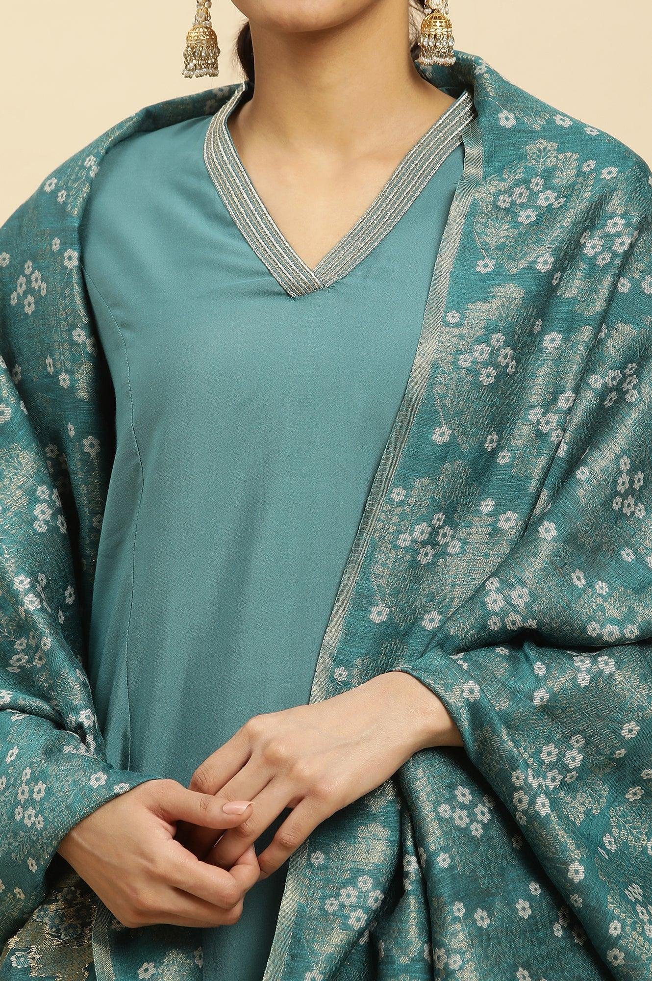 Blue Embellished Kurta, Pants And Jacquard Dupatta Set — image 2