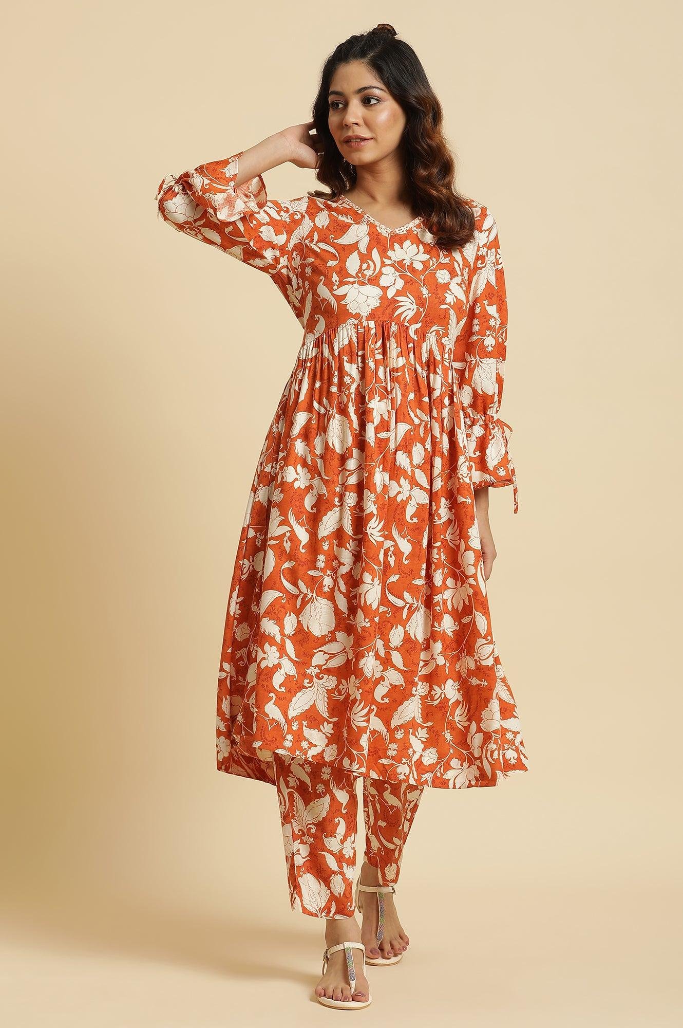Dark Orange Floral Printed Kurta & Pants Co-Ord Set — image 9