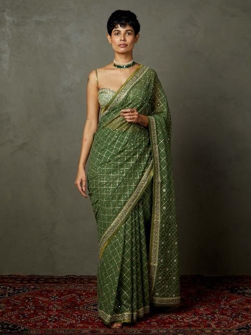 Khaki Rohira Saree With Unstitched Blouse — image 1