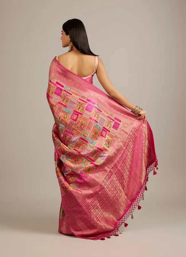 Rani Pink Grid Patterned Saree with Peacock Motifs — image 4