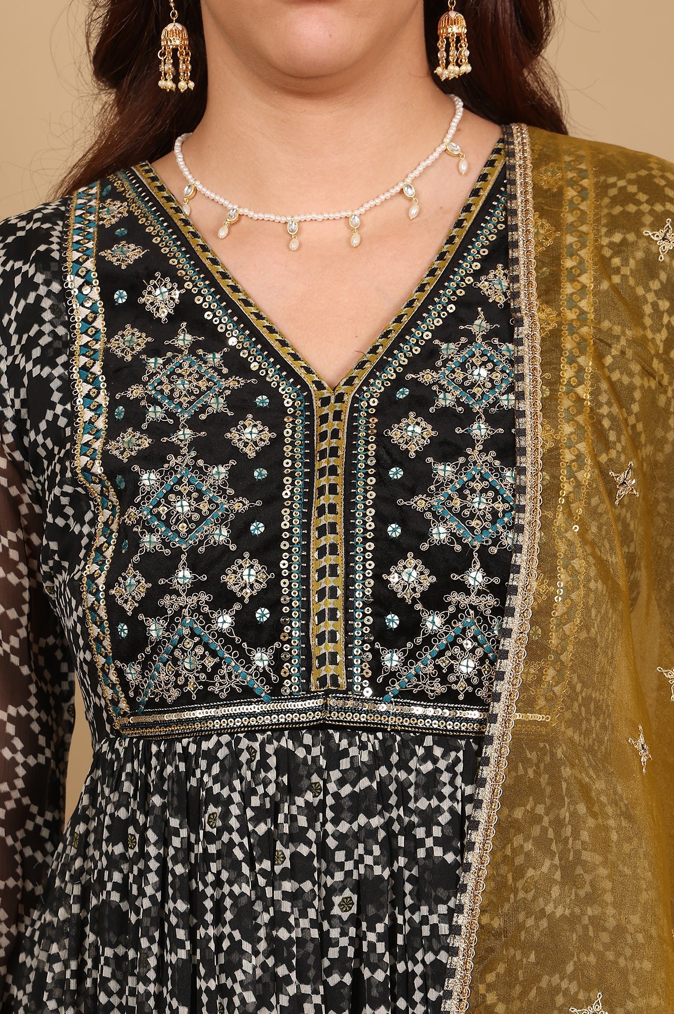 Black Printed Gathered Chiffon Kurta With Embroidery, Churidar And Dupatta Set — image 3
