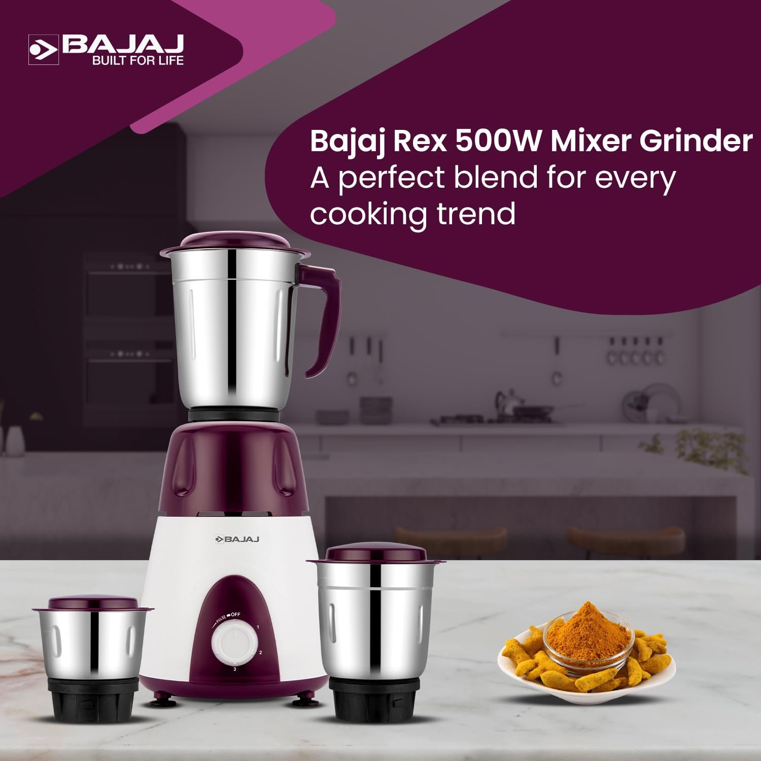 Rex Mixer Grinder 500W | Mixie For Kitchen With Nutri-Pro Features | 3 SS Mixer Jars For Heavy Duty Grinding | Adjustable Speed Control | Multifunctional Blade System | 2 Yr Warranty — image 5