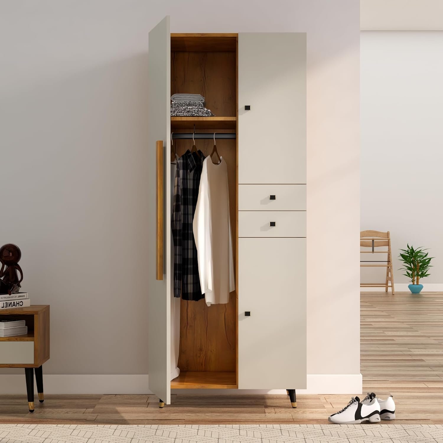 Bniture Wooden Almirah for Clothes, Door for Bedroom, 2 Door Wardrobe with Drawer & Hanging Space (45D x 75W x 180H CM) | 3 Year Warranty (Giant Wood & Frosty White) — image 3