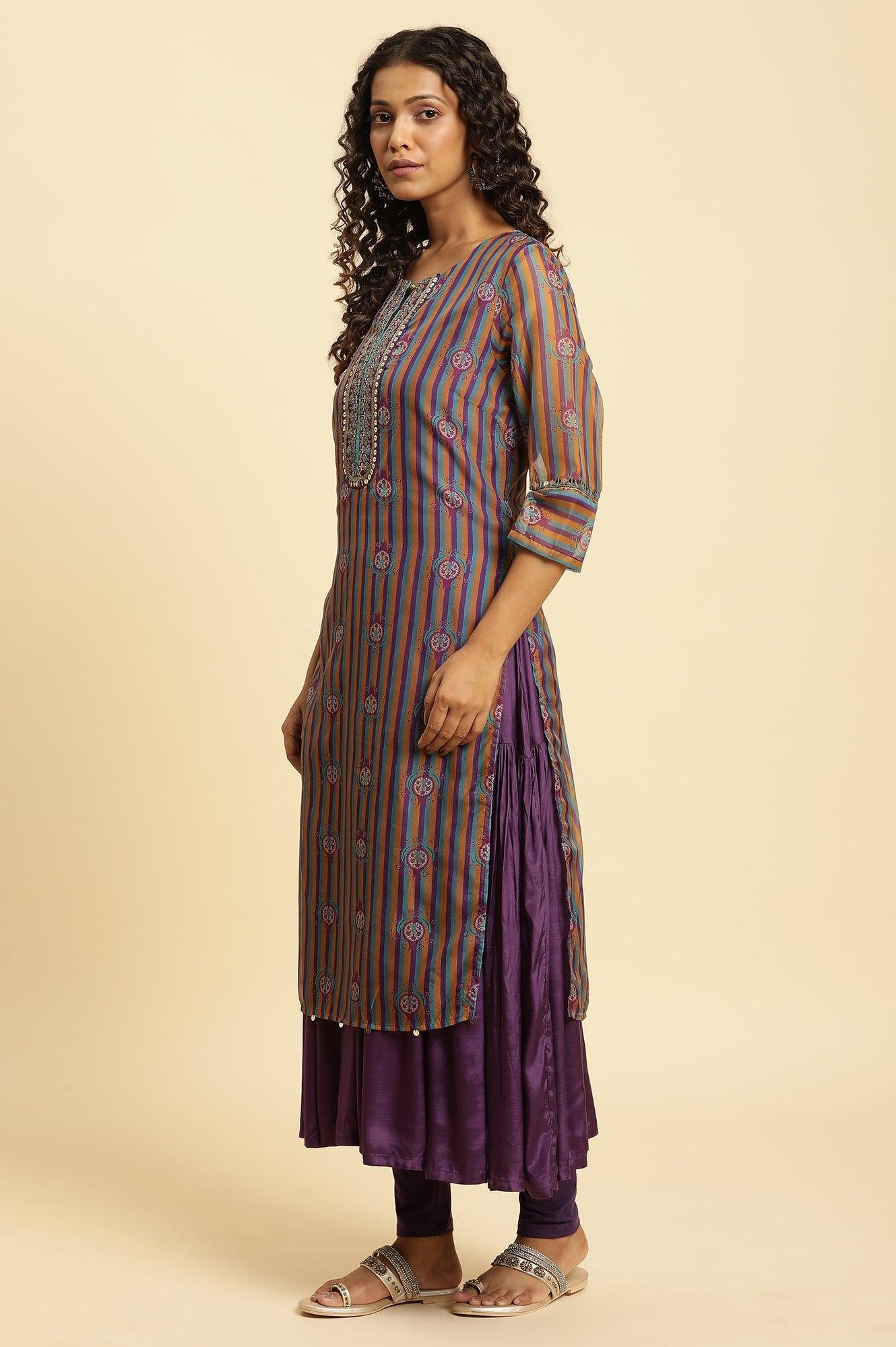Purple Layered Suzani Printed Kurta, Tights And Dupatta Set — image 4