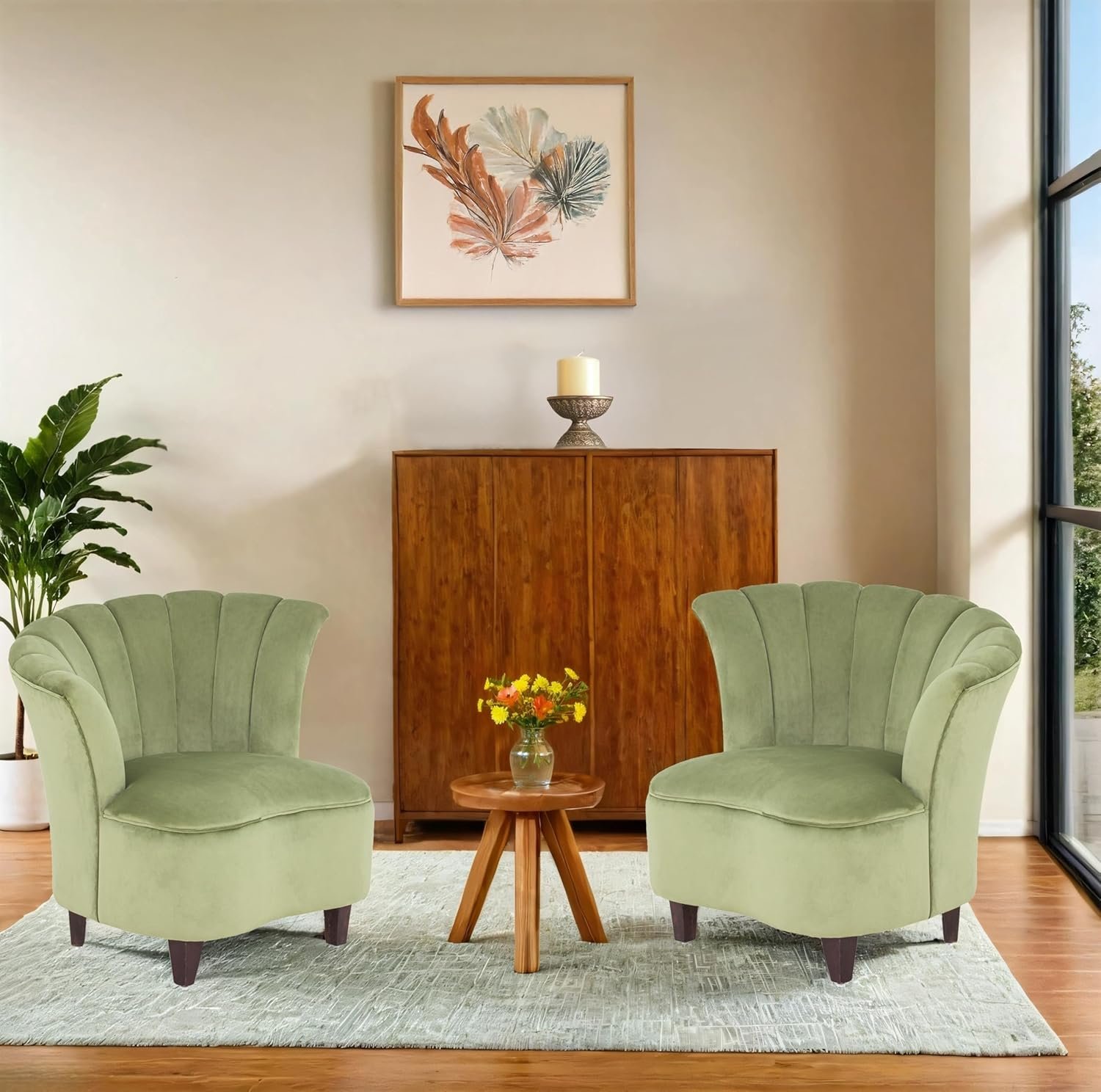 Peachtree Butterfly 1 Seater Chair for Living Room, Mango Wooden Frame & Sheesham Wood Leg | Velvet Fabric Chair for Dining Room | Single Seater Chair | No Armstyle |1 Year Warrranty (Set of 2, Green) — image 2