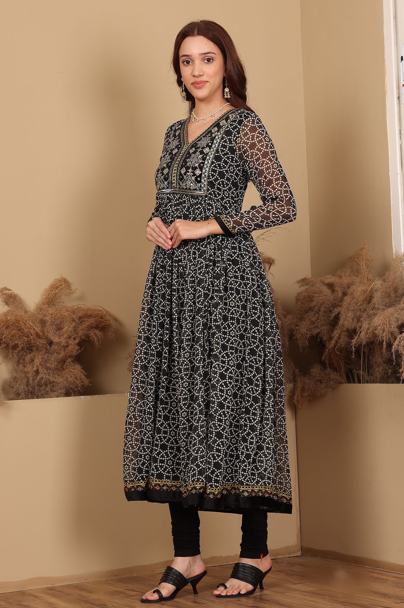 Black Printed Gathered Chiffon Kurta With Embroidery, Churidar And Dupatta Set — image 1