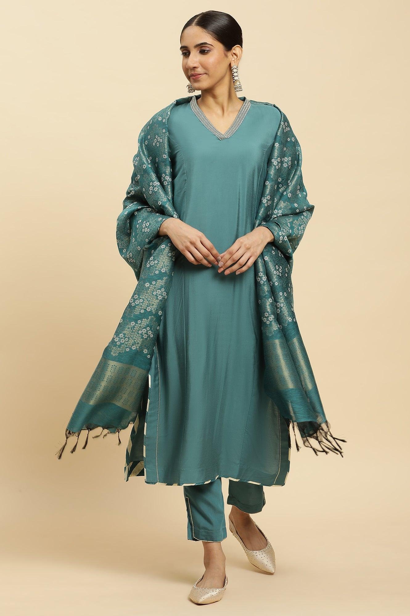 Blue Embellished Kurta, Pants And Jacquard Dupatta Set — image 7