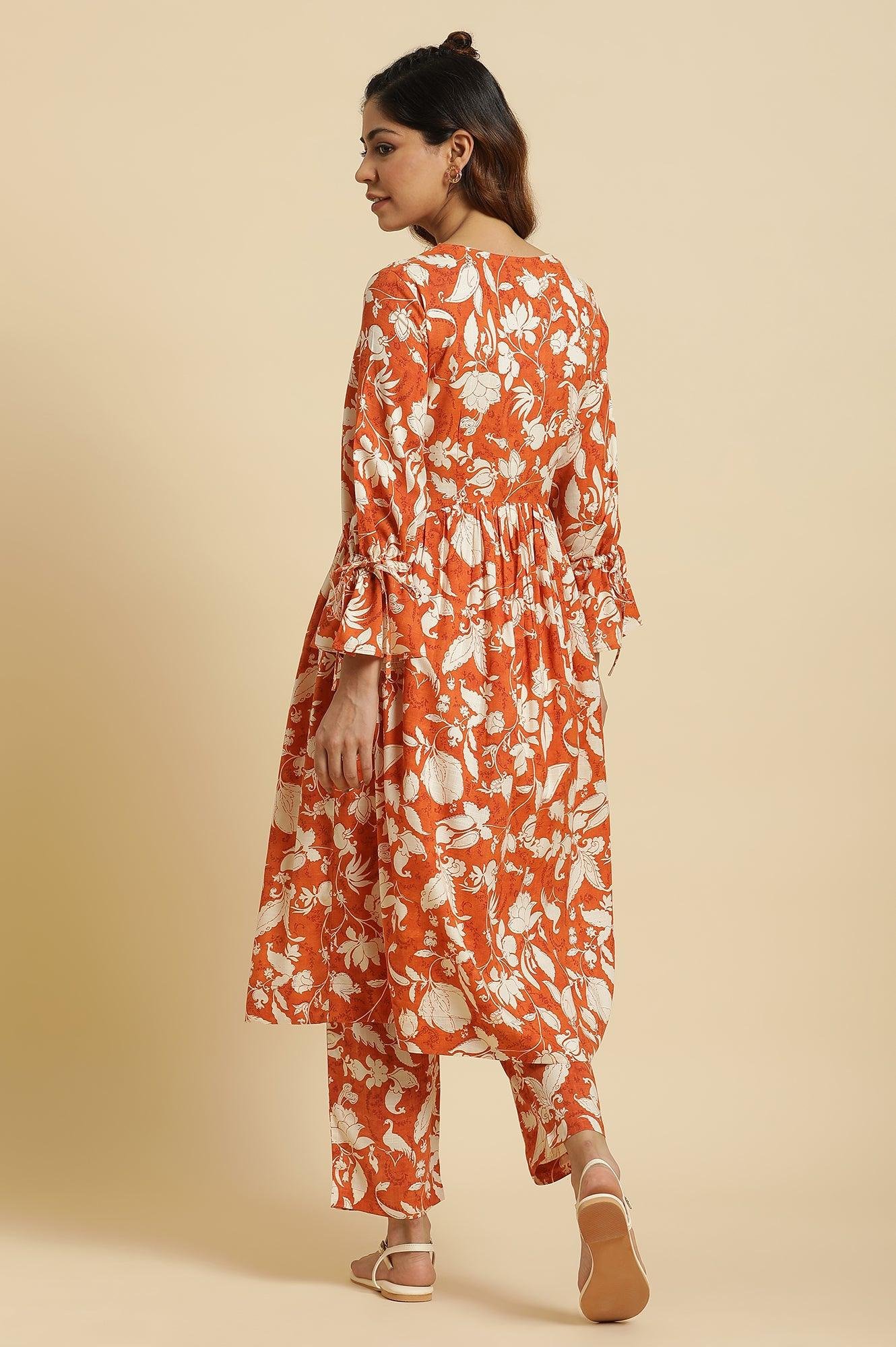 Dark Orange Floral Printed Kurta & Pants Co-Ord Set — image 7