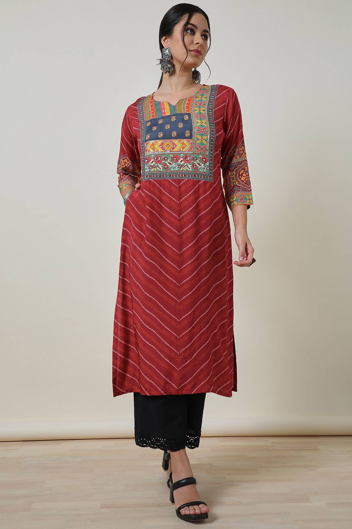 Brick Red Viscose Muslin Bandhani Print Kurta — image 5