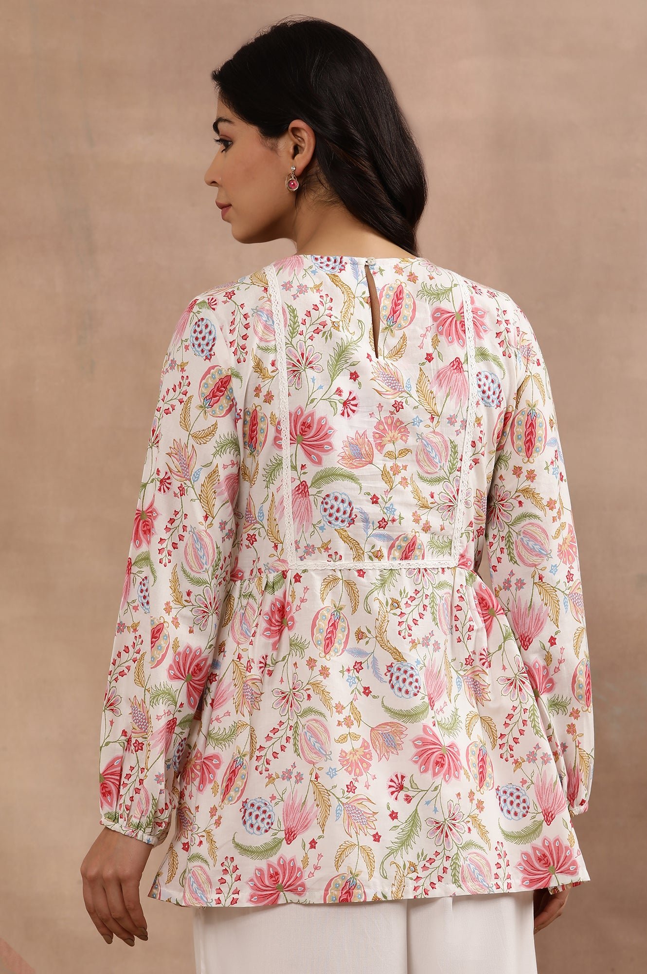 White Floral Printed Pure Cotton Top And Parallel Pants Set — image 2