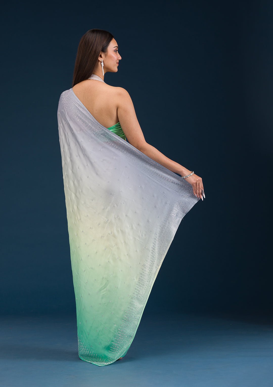 Grey Stonework Satin Saree — image 7