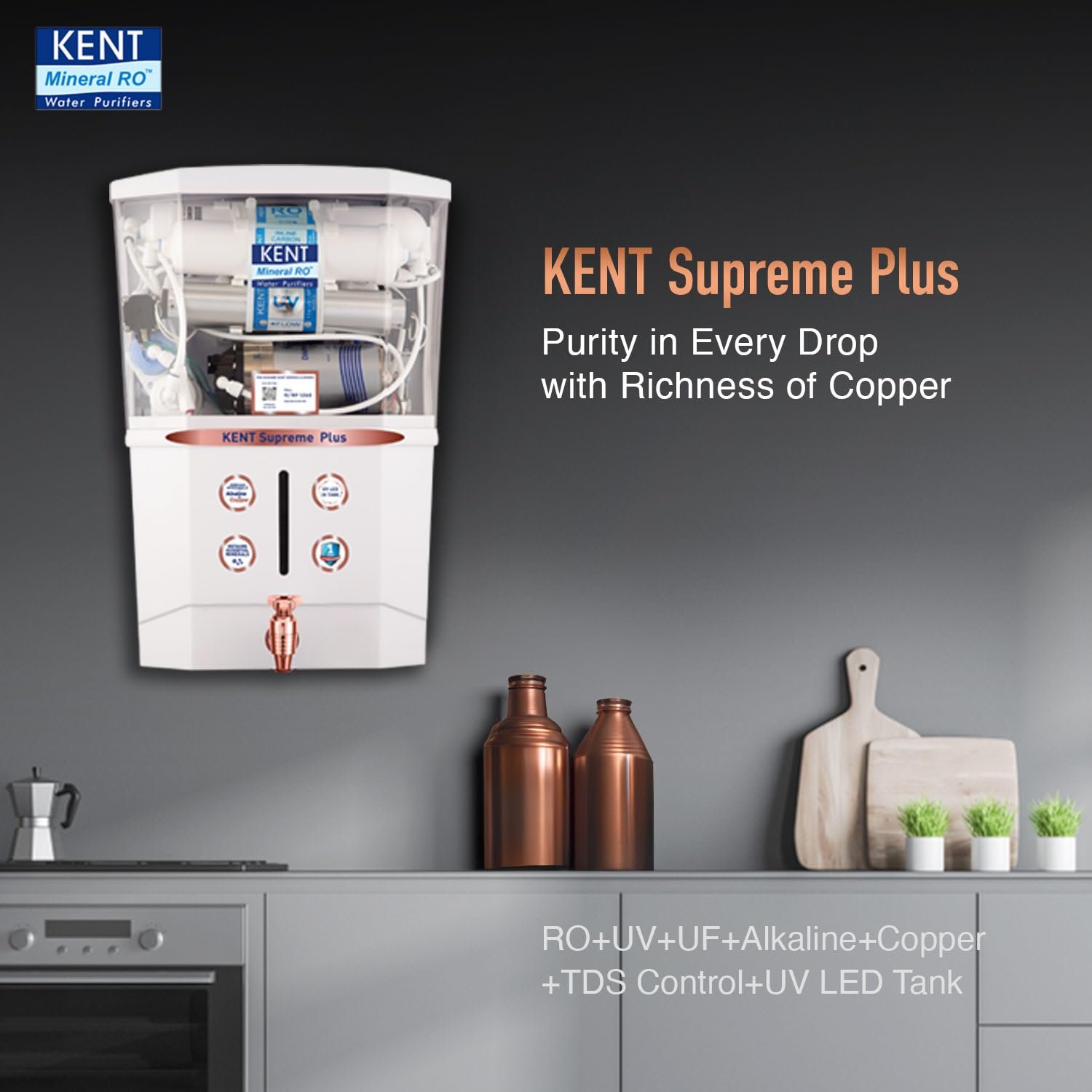 KENT Supreme Plus Alkaline+Copper RO Water Purifier | RO+UV+UF+Alk +Cu+TDSControl+UV LED Tank|Advanced ROTech for Sabse Shudh Paani | Auto Flush | 8L| 20LPH | Ideal for Borewell/Tanker/Municipal Water — image 9
