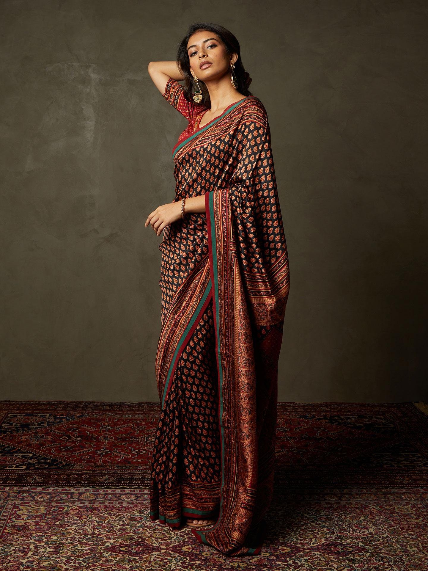 Black & Red Sanganeri Saree With Unstitched Blouse — image 3