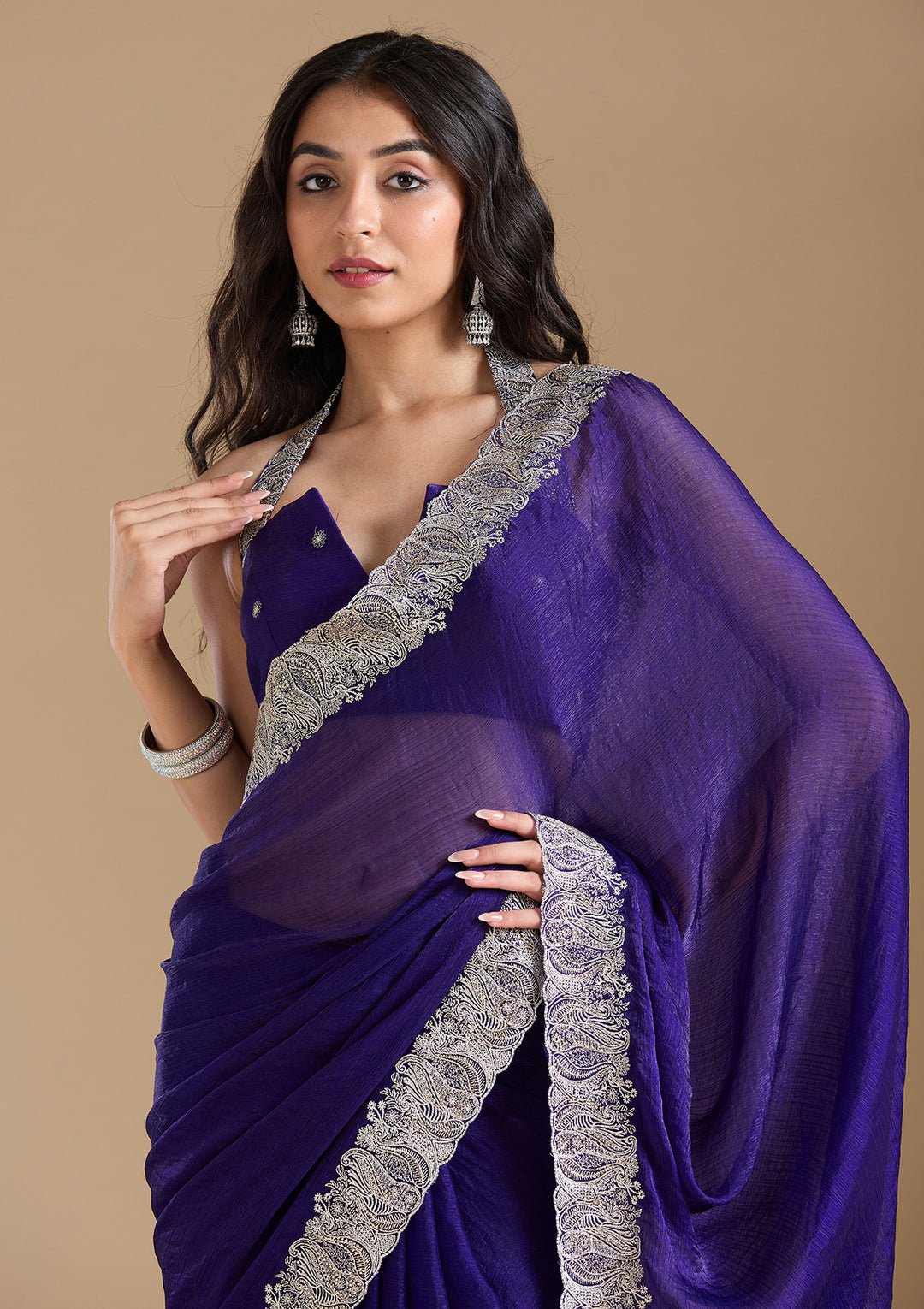 Violet Zariwork (Silver) Chiffon Saree — image 5