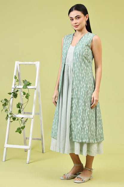 White and Green Geometric Printed Flared Spaghetti Dress and Gilet Set — image 5
