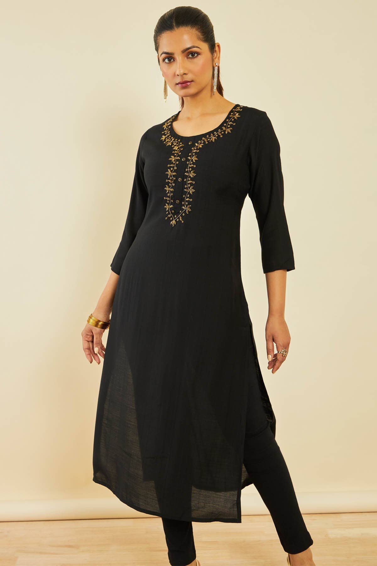Black Viscose Blend Straight Kurta with Floral Cutdana Work — image 4
