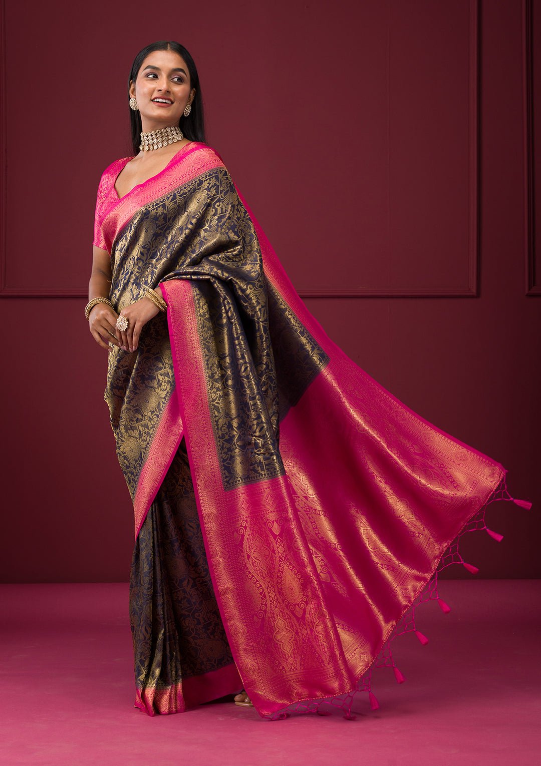 Navy Blue Zariwork Soft Silk Saree — image 8