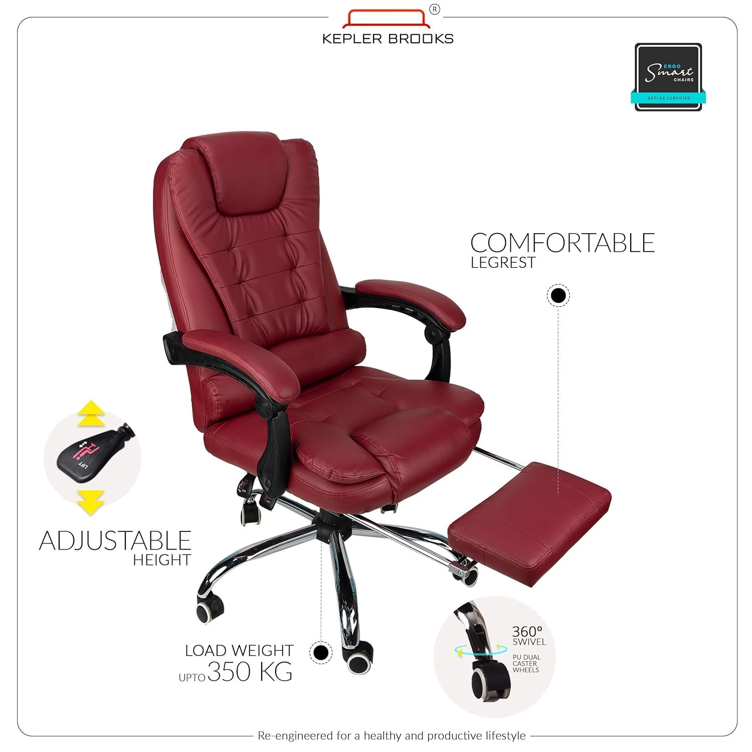 Premium Leatherette Office Chair for Work | 3-Years Warranty | Boss Chair for Office, Ergonomic Executive Chair, Cushioned Arms & Seat, Leg Rest, Heavy Duty Metal Base (Burgundy) — image 3