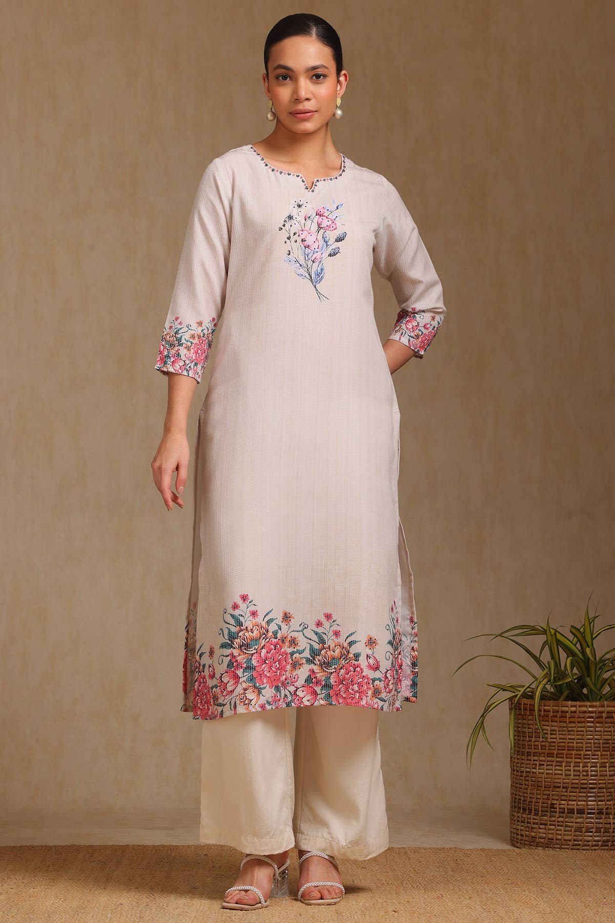 Beige Rayon Floral Printed Kurta — image 4