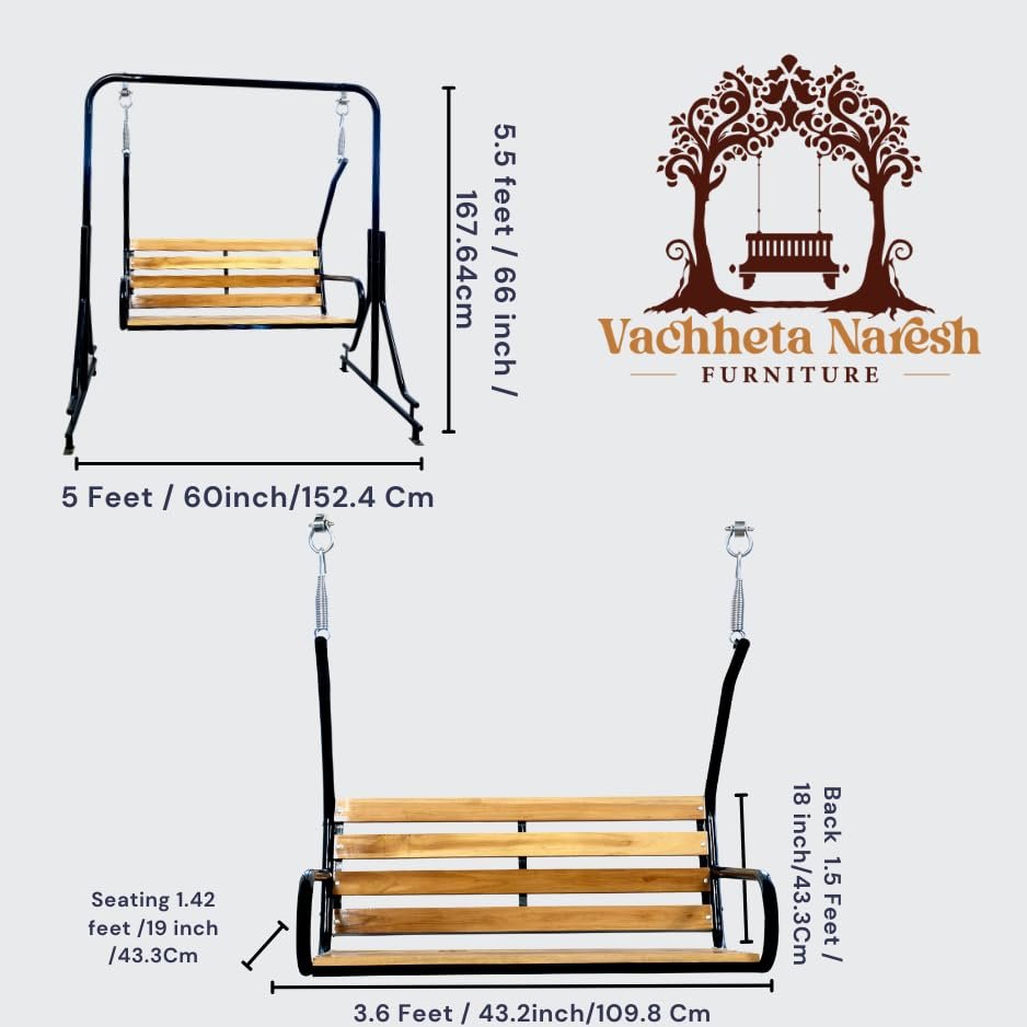 2-Seater Indoor & Outdoor Swing - Natural Wooden Polished (50kg) | Upper Pipe Swing Jhula for Home and Blacony with Sturdy Stand | Strong 300 Kg Capacity Heavy Metal Swing — image 4