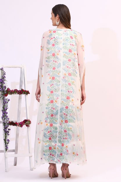 White Floral Printed Chiffon Tiered Flared Dress with Printed Cape — image 3