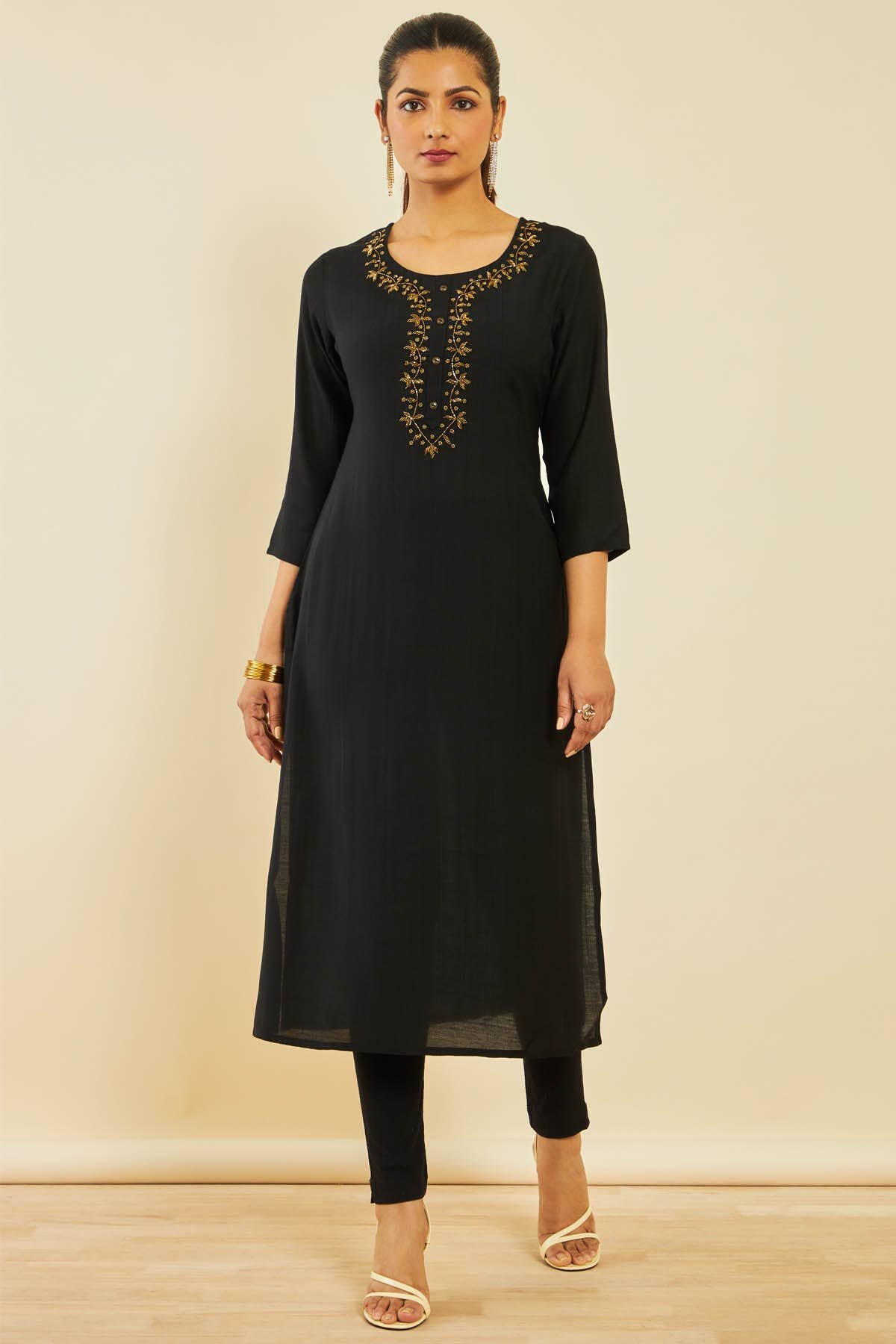 Black Viscose Blend Straight Kurta with Floral Cutdana Work — image 3