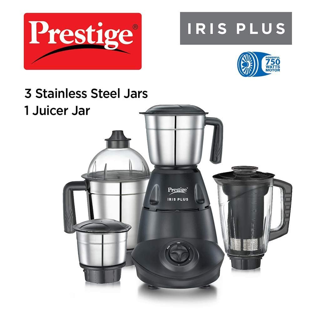 Prestige 750 Watts Iris Plus Mixer Grinder With 4 Jars (3 Stainless Steel Jars+ 1 Juicer Jar)| 4 Super Efficient Stainless Blades| — image 3