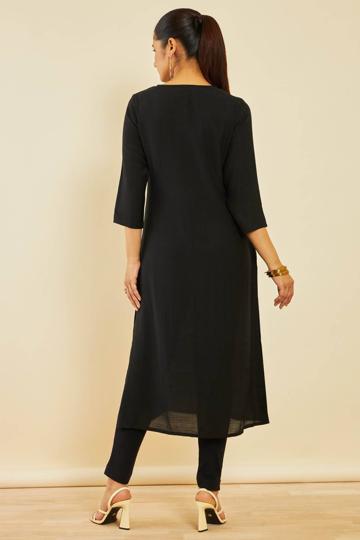 Black Viscose Blend Straight Kurta with Floral Cutdana Work — image 5