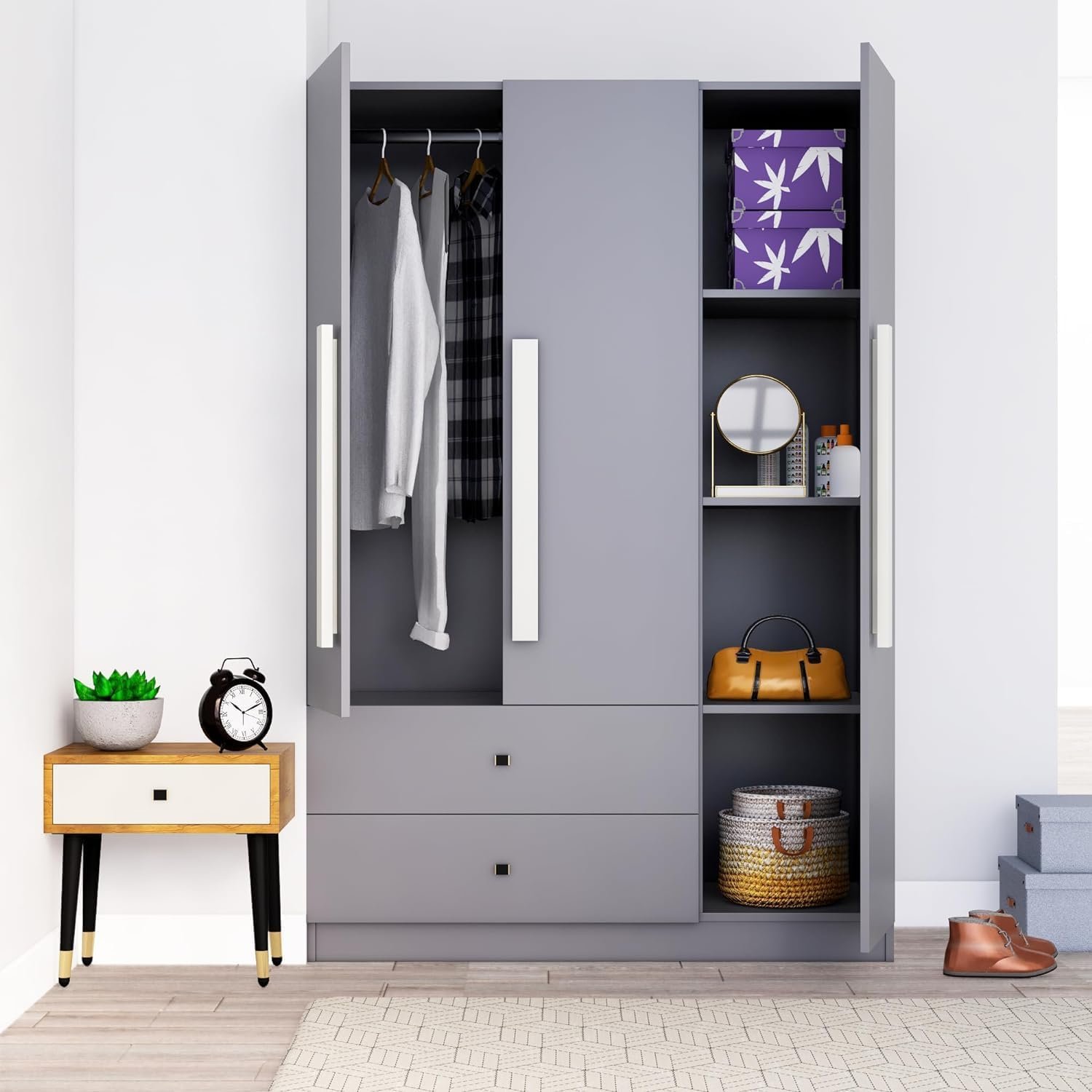 Bniture Wooden Almirah for Clothes, Door for Bedroom, 3 Door Wardrobe with 2 Drawer & Hanging Space (40D x 120W x 180H CM) | 3 Year Warranty (Giant Wood & Slate Grey) — image 3