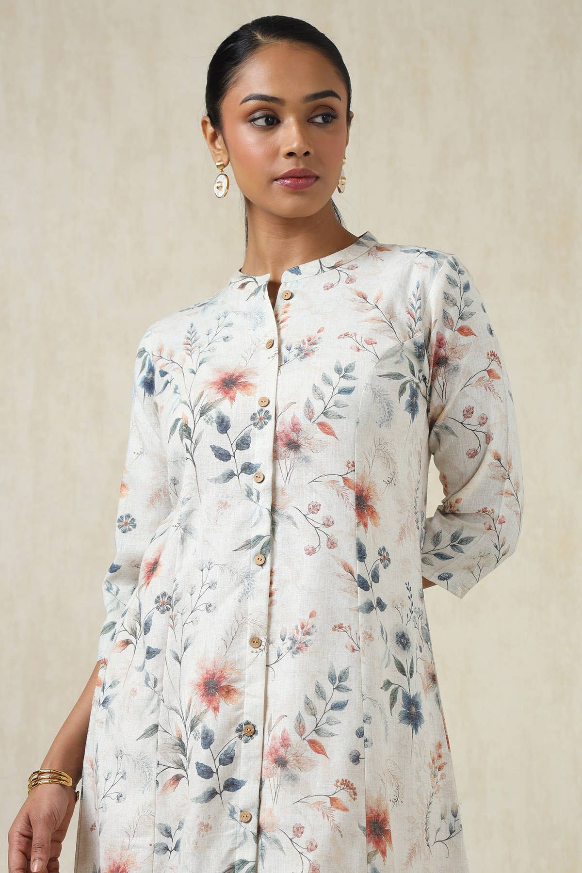 Beige Linen Botanical Print Kurta — image 1