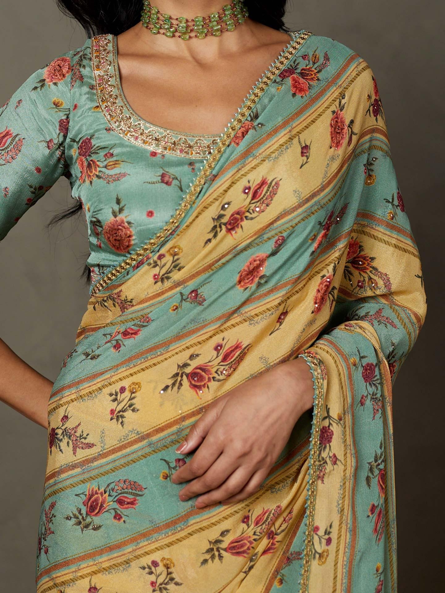 Light Teal Dahlia Saree With Unstitched Blouse — image 2