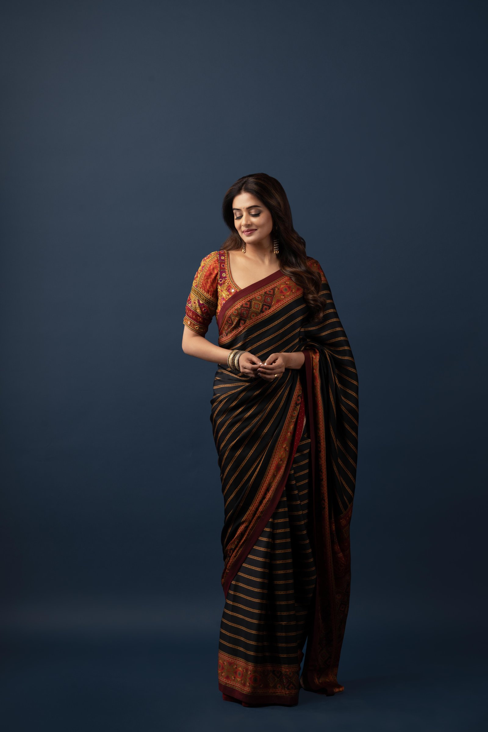 Black Multi Madhuhira Saree With Stitched Blouse — image 1