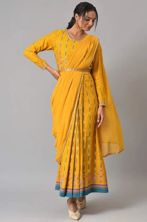 Yellow Glitter Printed Festive Saree Dress With Belt — image 3