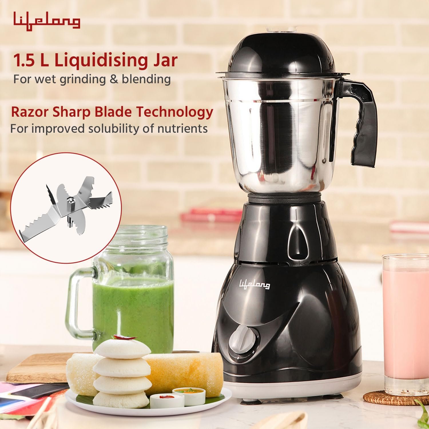 Lifelong Mixer Grinder for Kitchen - 3 Jars 500 Watt Mixie - Chutney Jar, Dry Grinder Jar & Liquidizing Jar used as Wet Grinder & Blender for Milkshake, Smoothie, Puree -Stainless Steel Blades(LLMG23) — image 3
