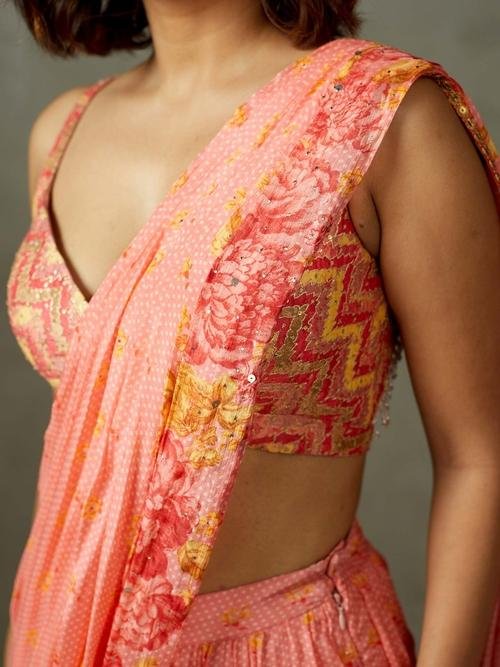 Coral Blue Rose Pre-Draped Saree — image 6