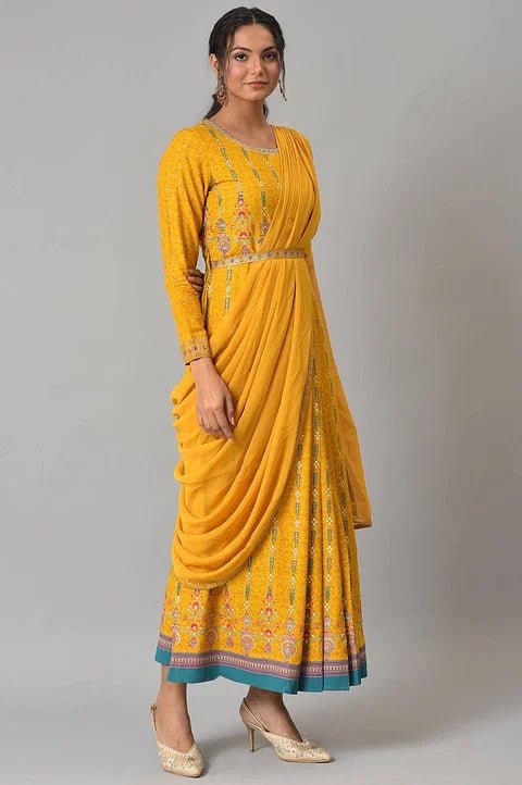 Yellow Glitter Printed Festive Saree Dress With Belt — image 4