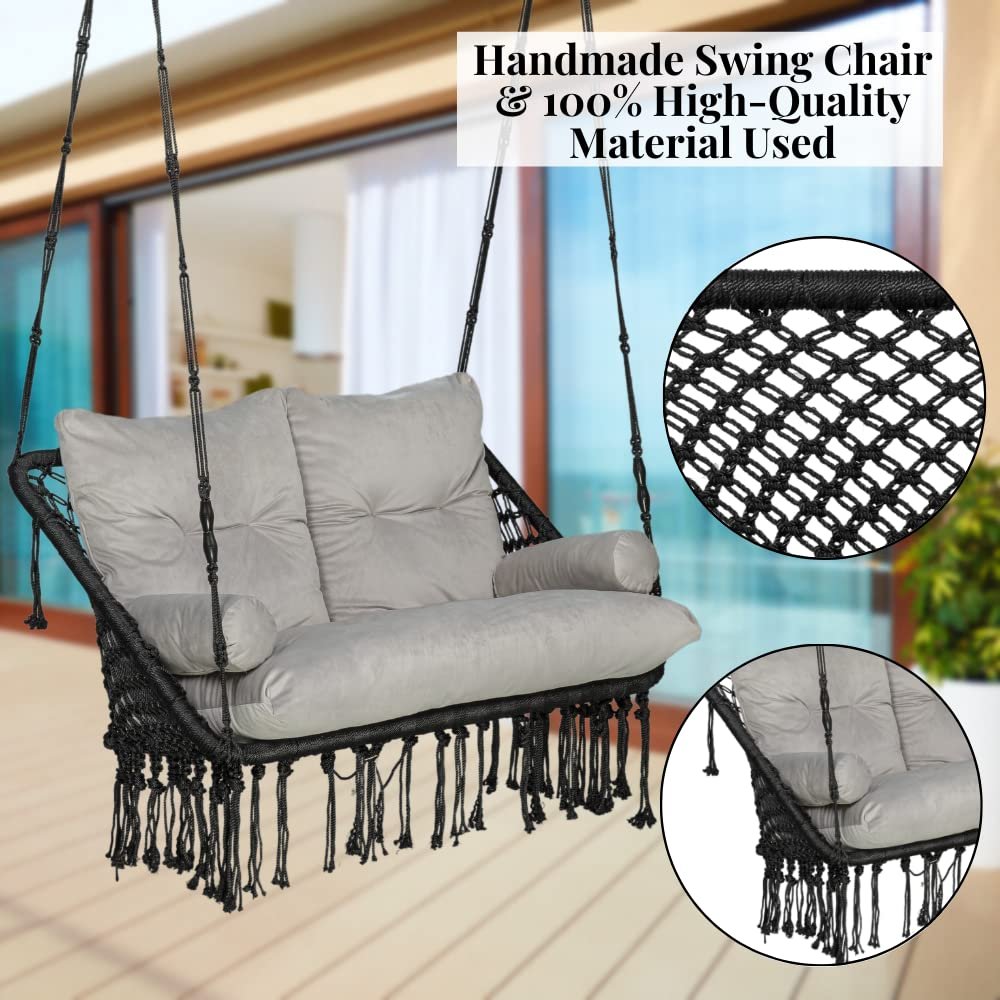 Double Seater Swing - 2 Seater Swing for Balcony with Large Grey Full Body Sitting Cushion (Black)-Polyester, 20 Cm — image 5