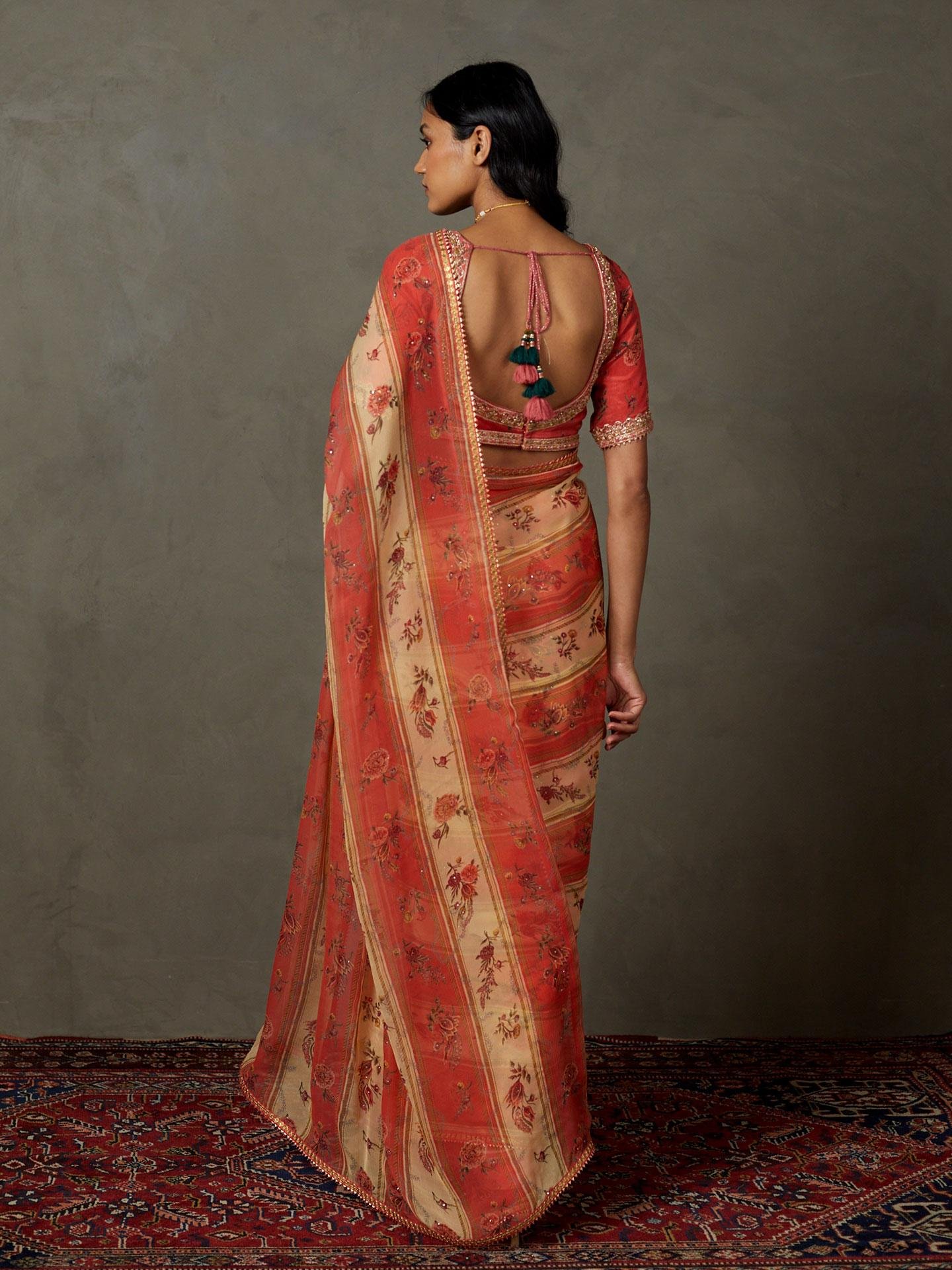 Peach & Multi Dahlia Saree With Unstitched Blouse — image 5