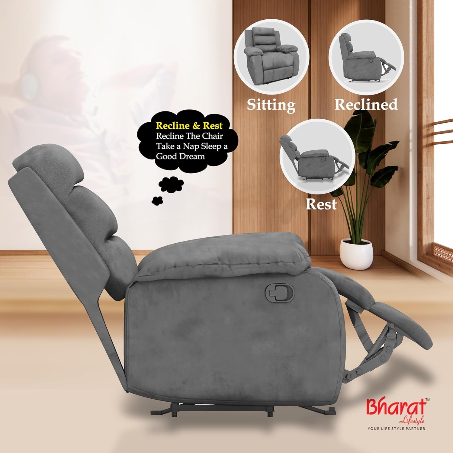 Bharat Lifestyle Austin Manual Recliner | 1 Seater Chair Sofa | Single Sofa Recliner| 3 Comfort Position | Wooden Frame | Suede Fabric | 1 Seater Recliner for Living Room Bedroom,1 Year Warranty, Grey — image 7