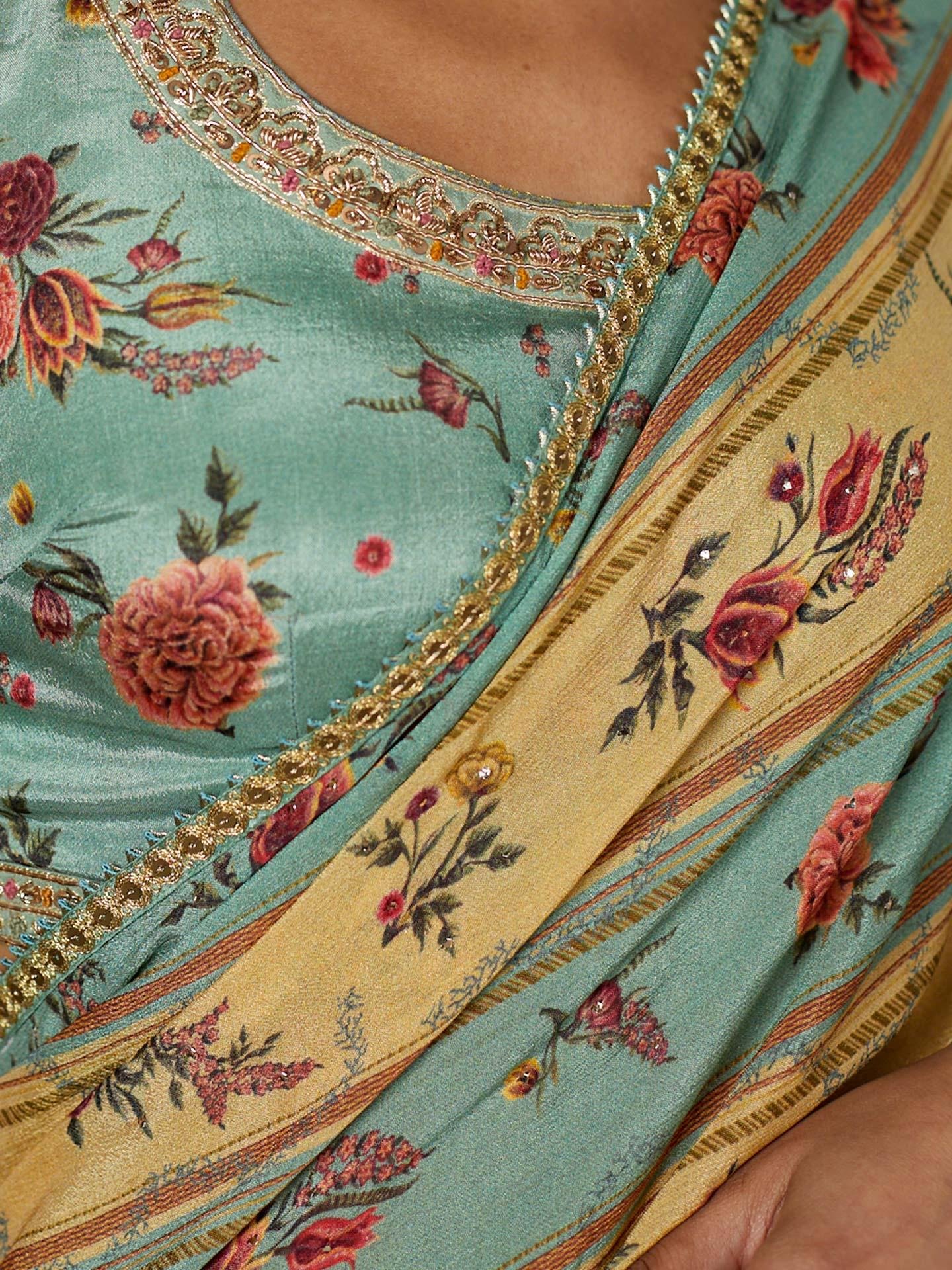 Light Teal Dahlia Saree With Unstitched Blouse — image 3