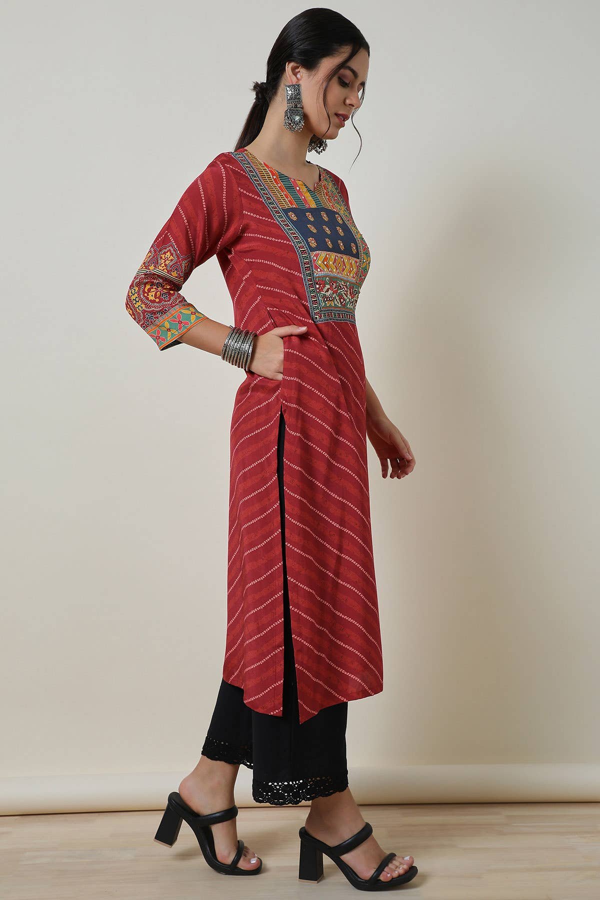 Brick Red Viscose Muslin Bandhani Print Kurta — image 4