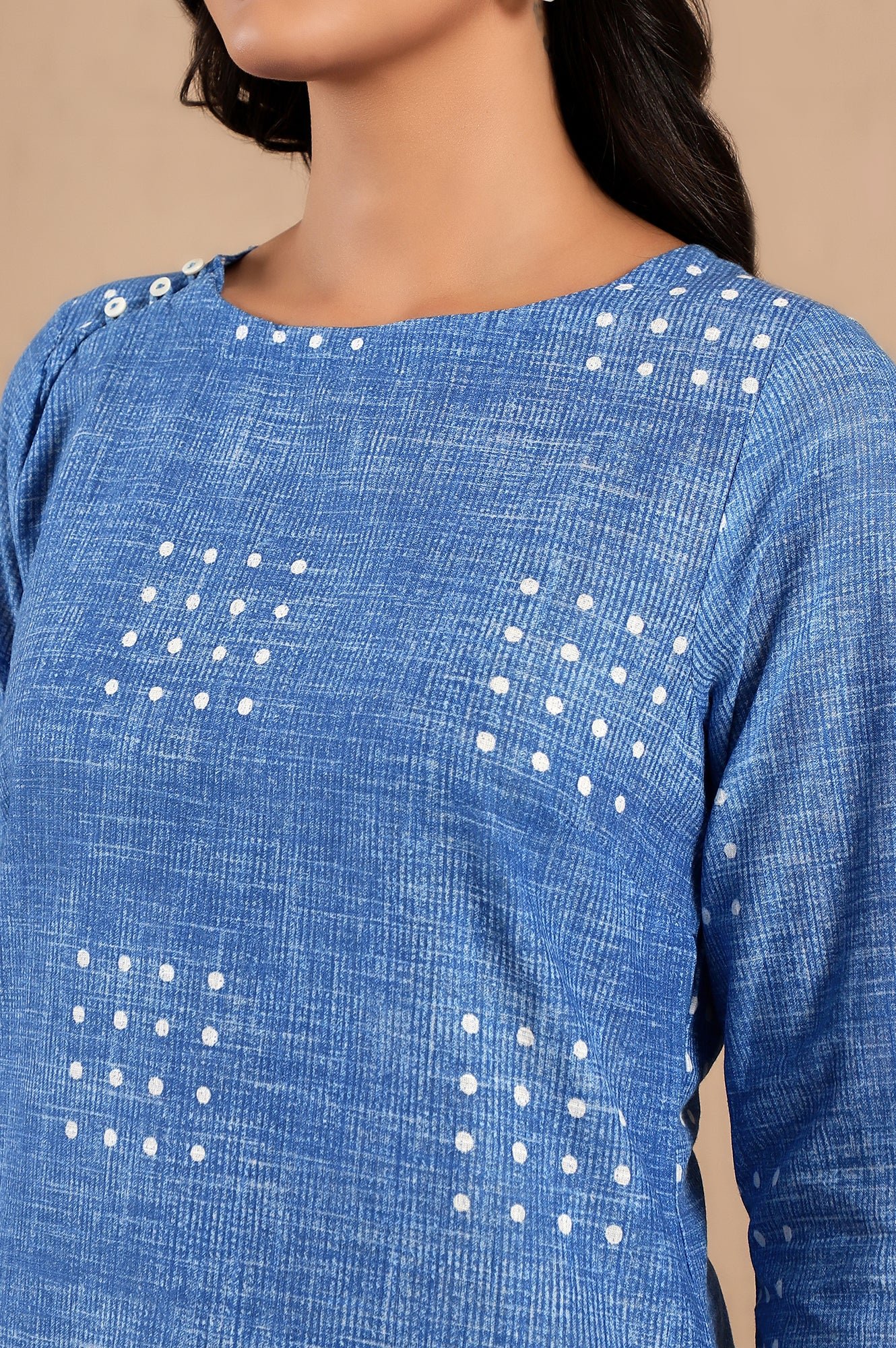 Blue Polka Dot Printed Pure Cotton Straight Kurta and Pants Co-ord Set — image 3