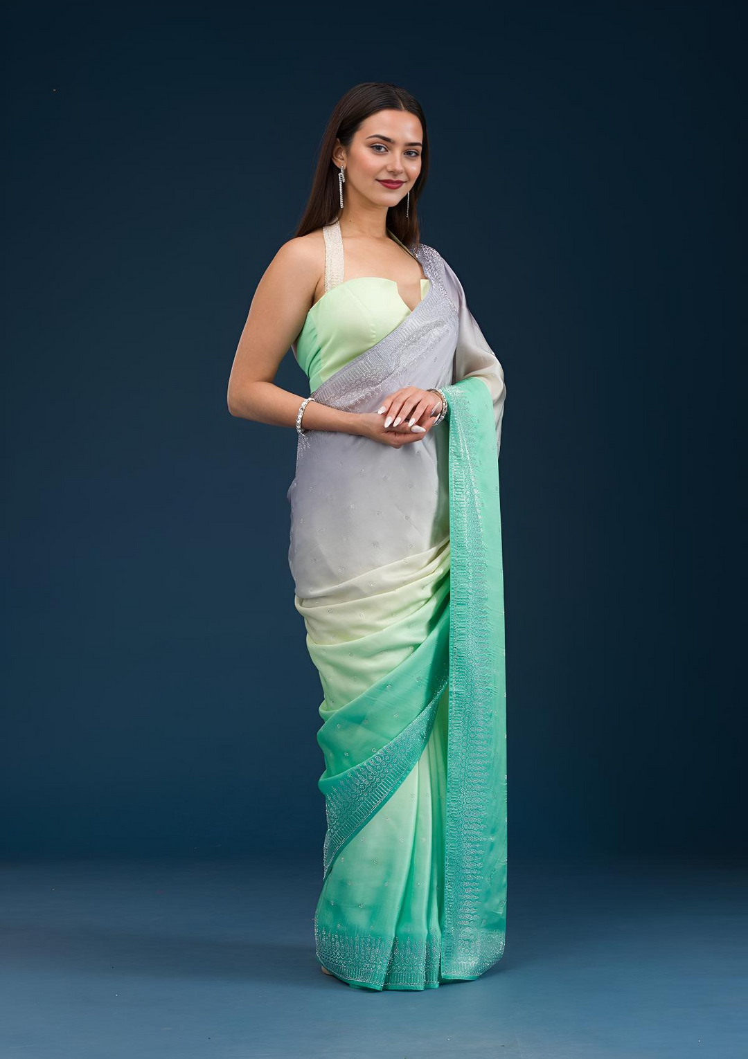 Grey Stonework Satin Saree — image 1