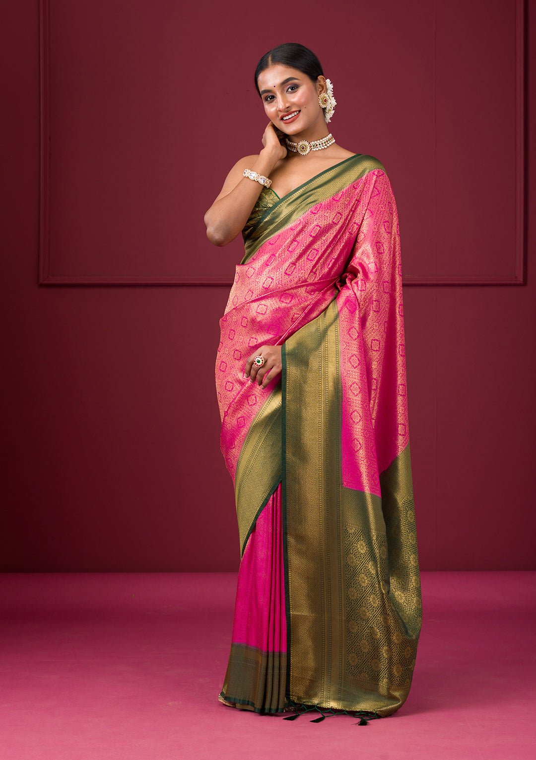 Pink Zariwork Soft Silk Saree — image 1