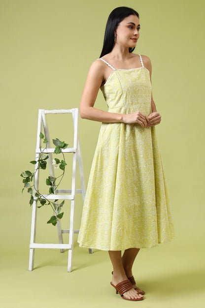 Lime Green Schiffli Embroidered Pure Cotton Flared Spaghetti Dress — image 1