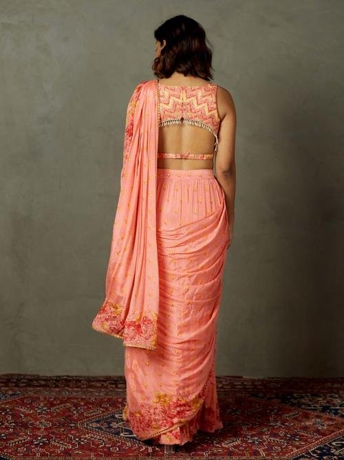 Coral Blue Rose Pre-Draped Saree — image 4